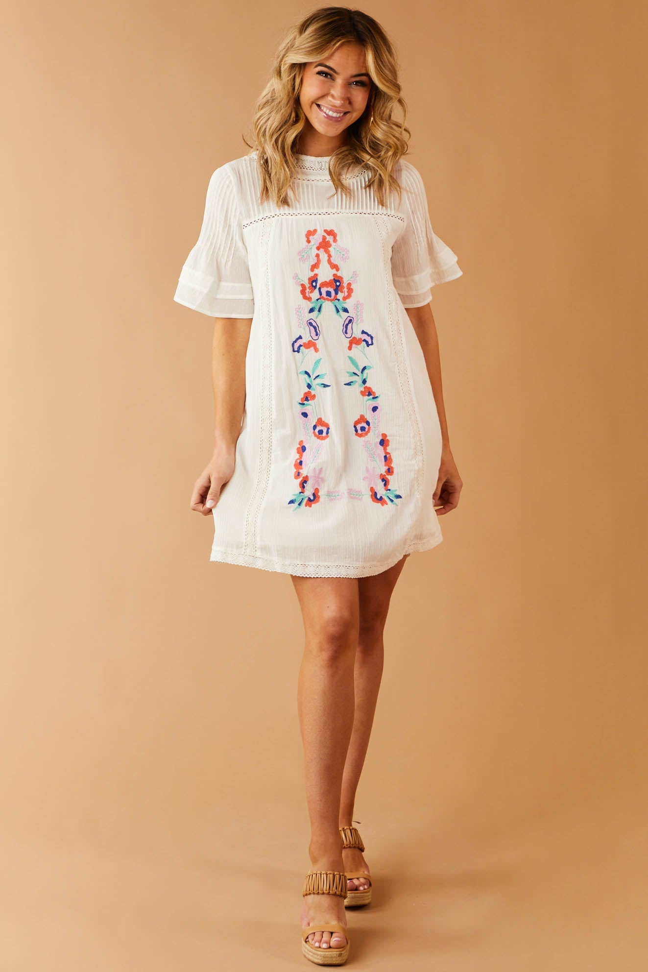 Ivory Woven Dress with Floral Embroidered Detail