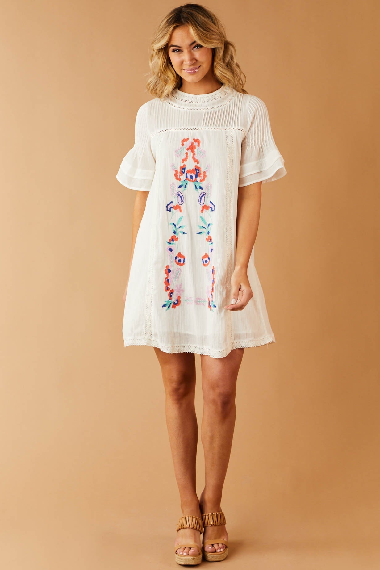 Ivory Woven Dress with Floral Embroidered Detail