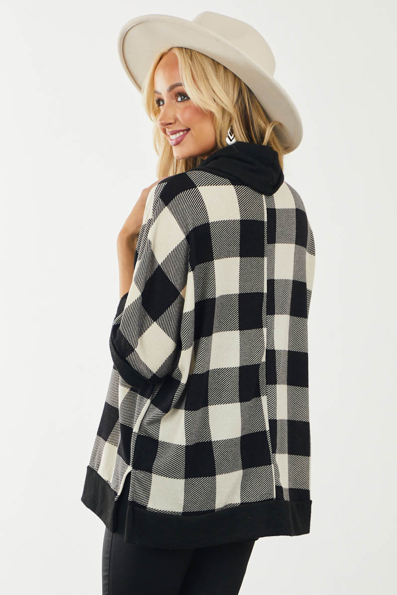 Ivory and Black Buffalo Plaid Oversized Top with Cowl Neck