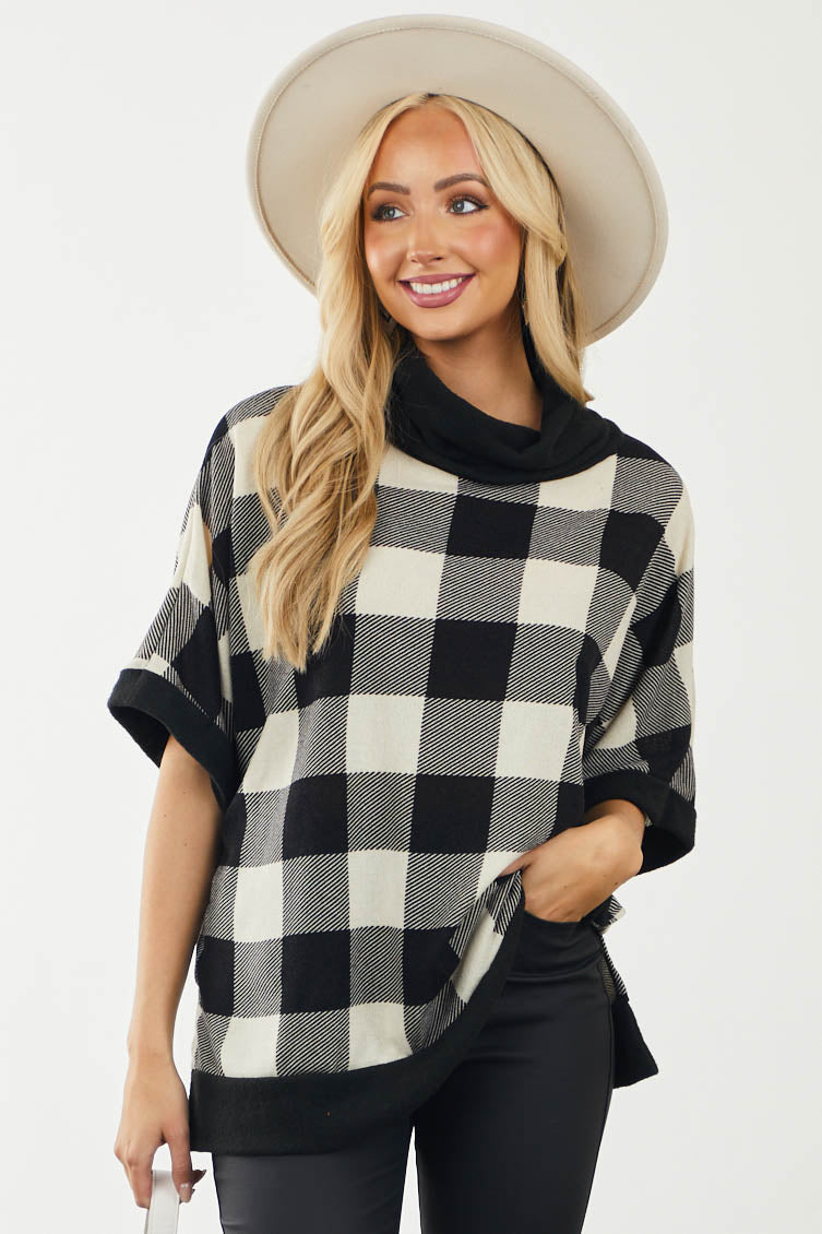 Ivory and Black Buffalo Plaid Oversized Top with Cowl Neck