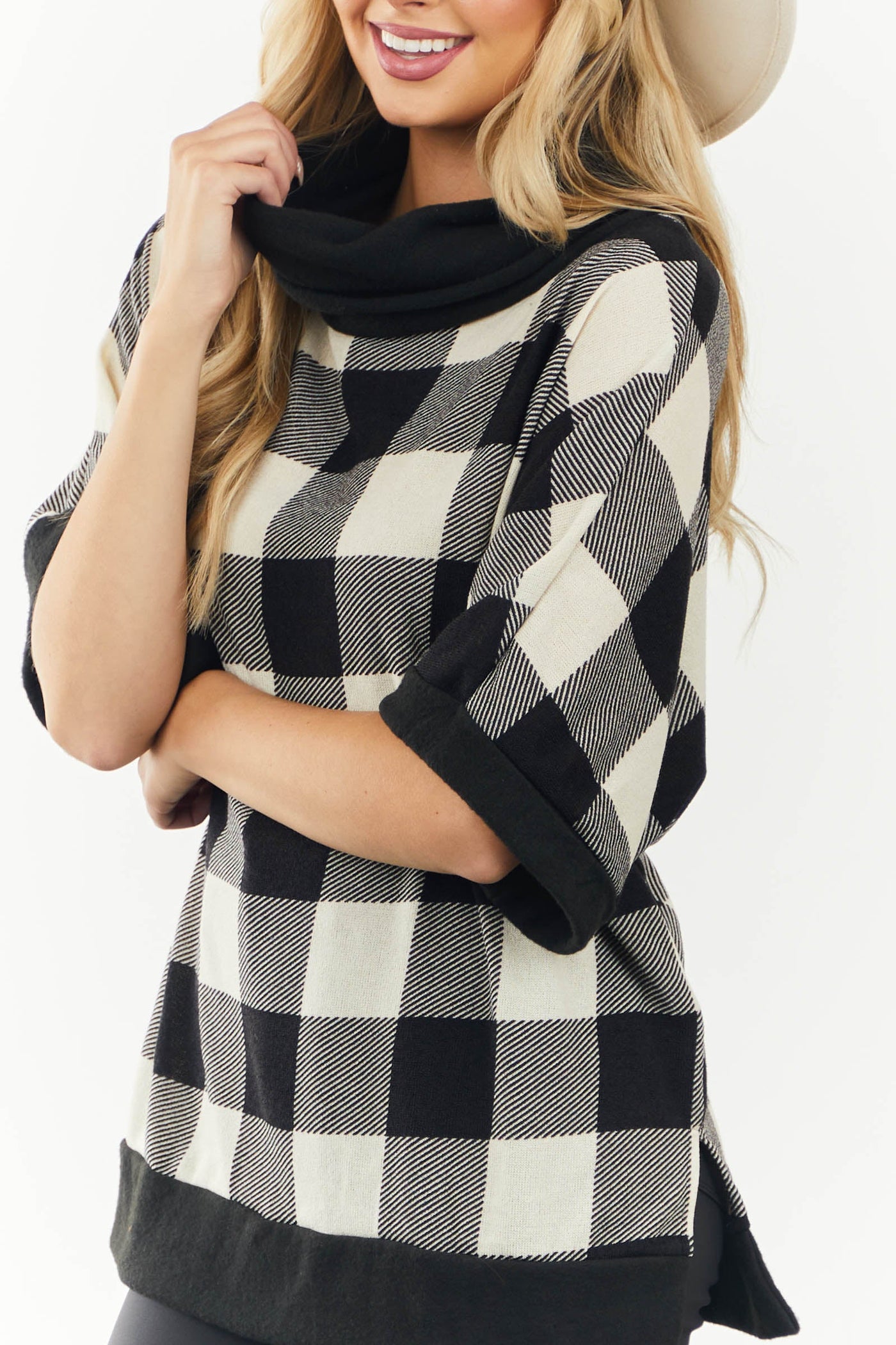 Ivory and Black Buffalo Plaid Oversized Top with Cowl Neck