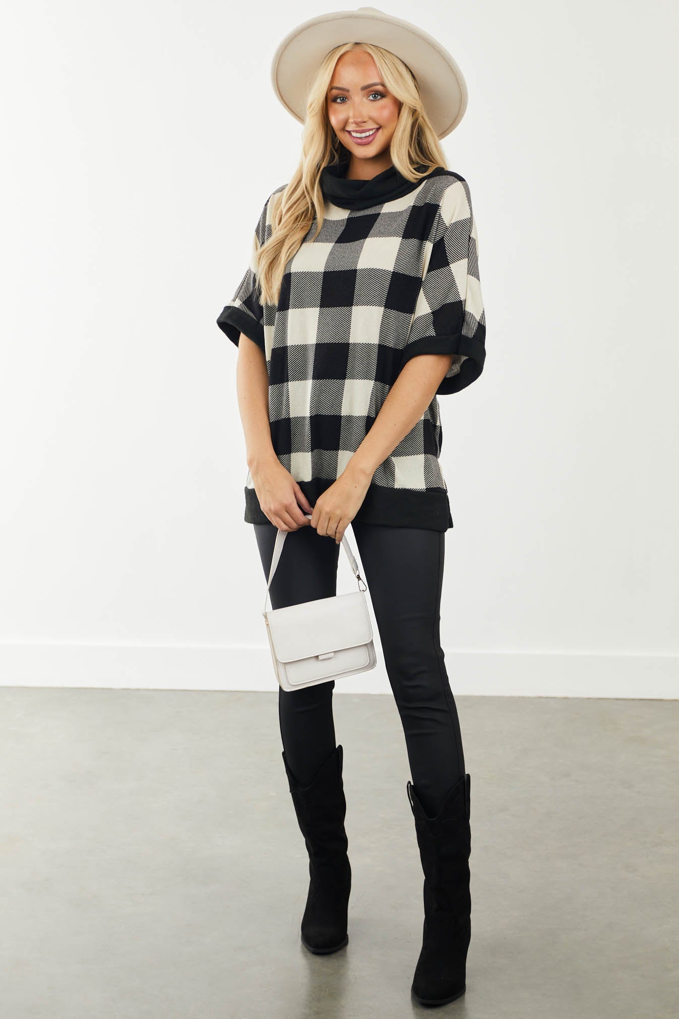 Ivory and Black Buffalo Plaid Oversized Top with Cowl Neck
