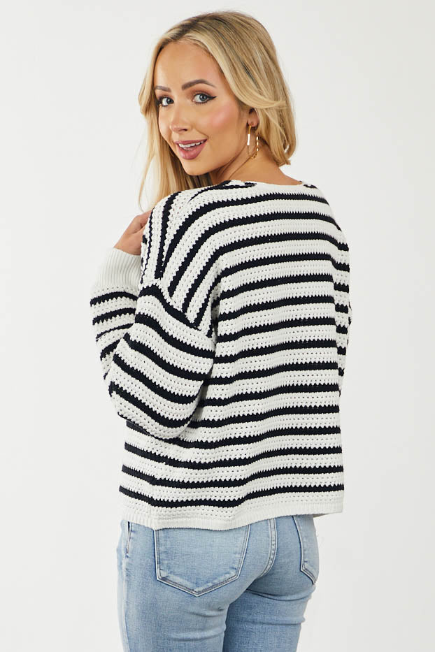 Ivory and Black Striped Crochet Knit Oversized Sweater