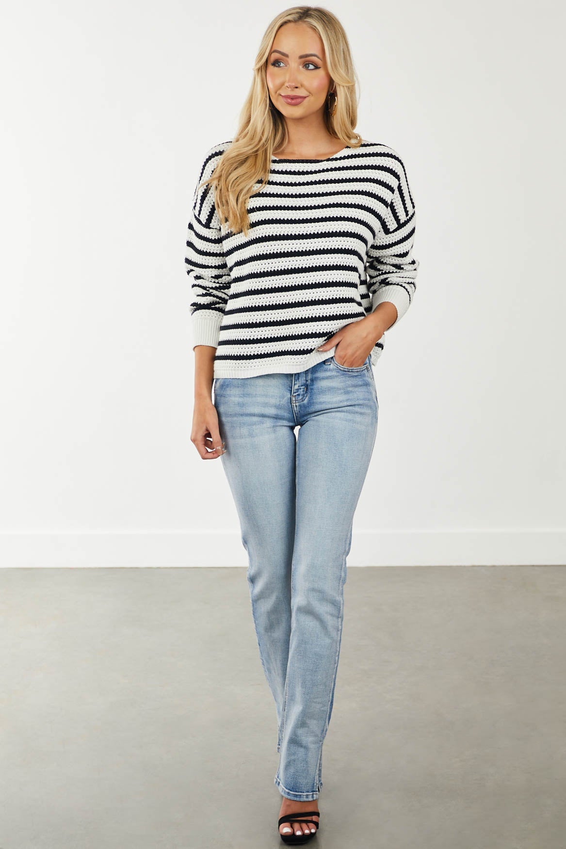 Ivory and Black Striped Crochet Knit Oversized Sweater