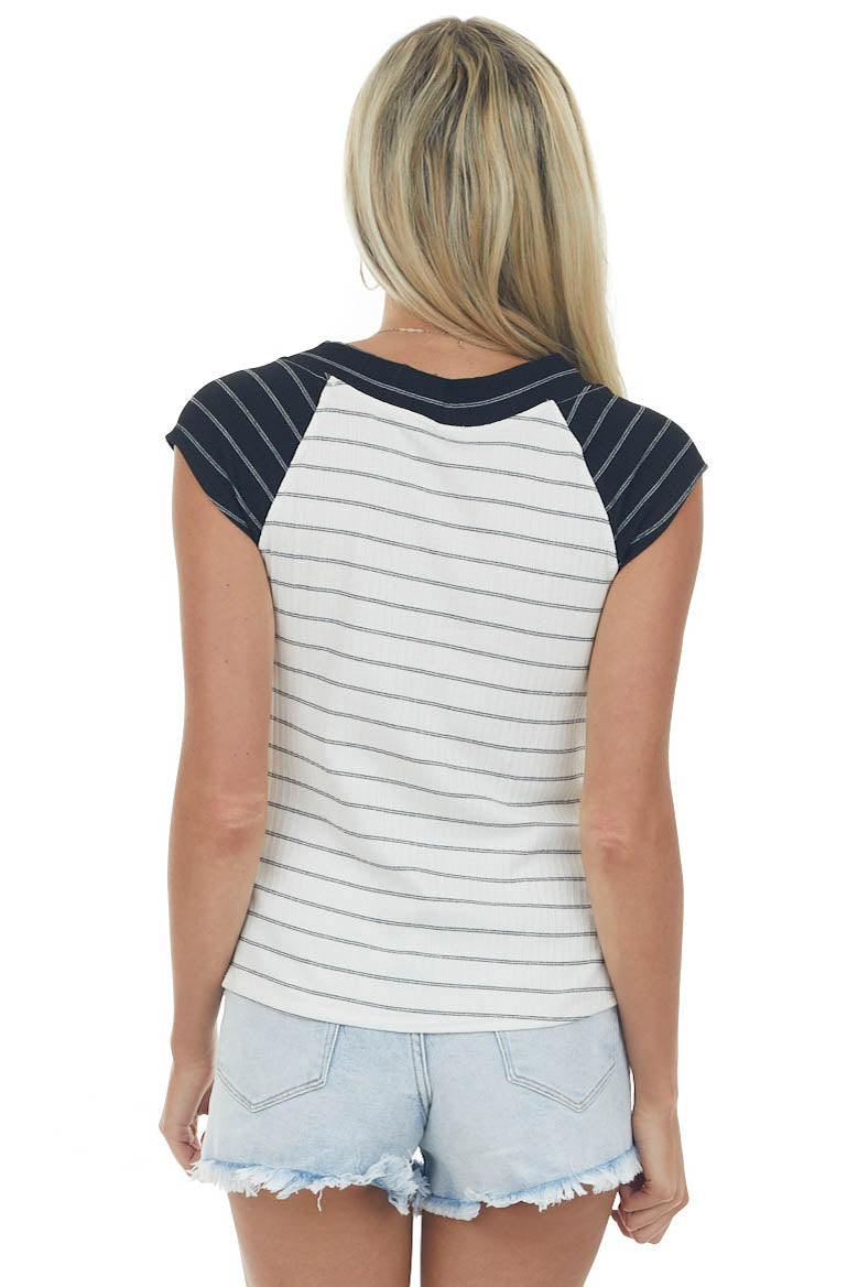 Ivory and Black Striped V Neck Cap Sleeve Top