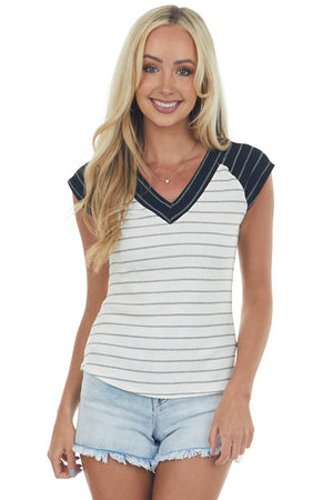 Ivory and Black Striped V Neck Cap Sleeve Top