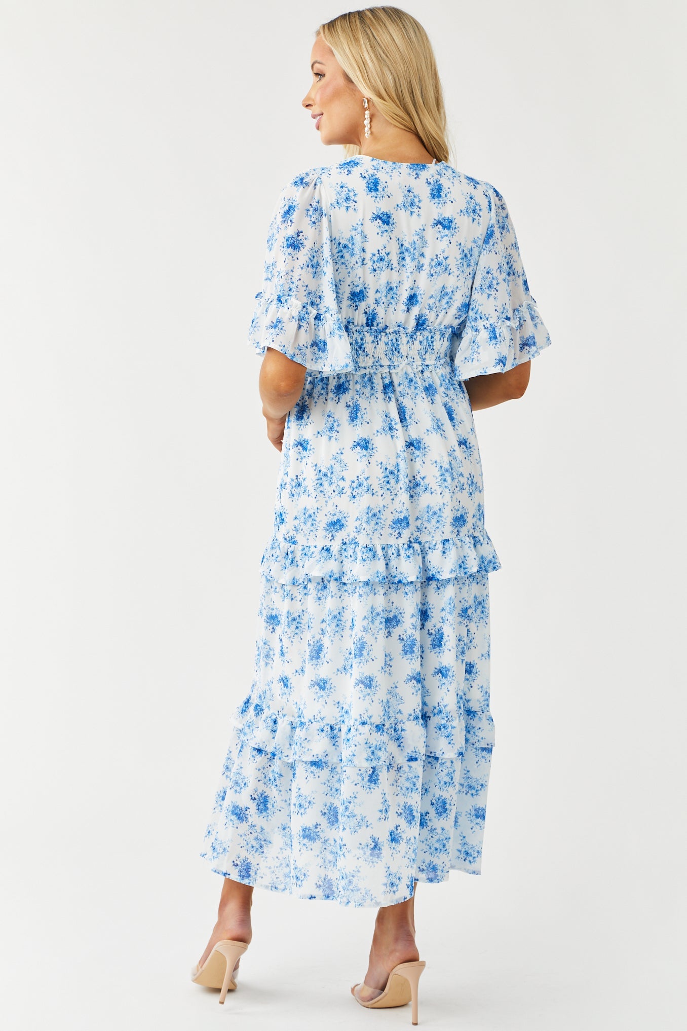 Ivory and Cobalt Floral Print Button Up Maxi Dress