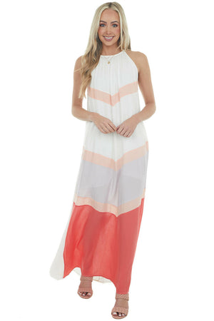 Ivory and Coral Chevron Colorblock Halter Neck Maxi Dress