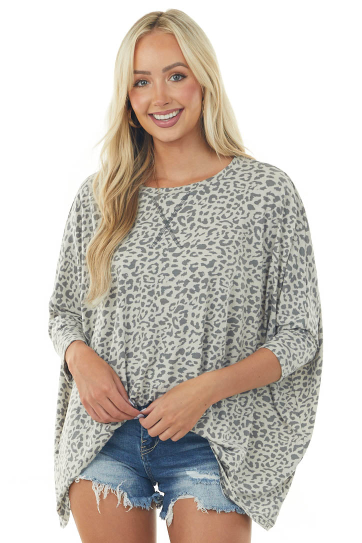 Ivory and Grey Oversized Leopard Print Batwing Top