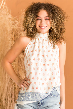 Ivory Bohemian Printed Halter Tie Woven Top