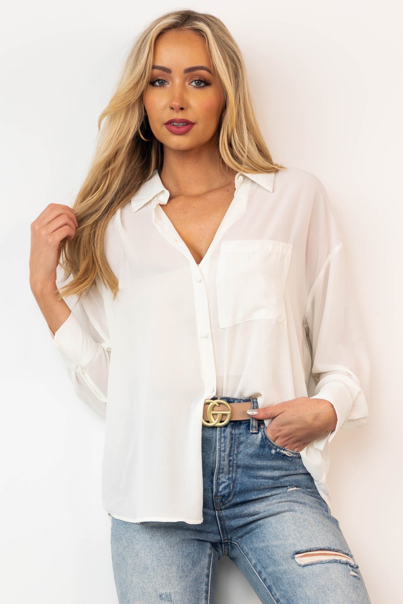 Ivory Chest Pocket Button Down Blouse