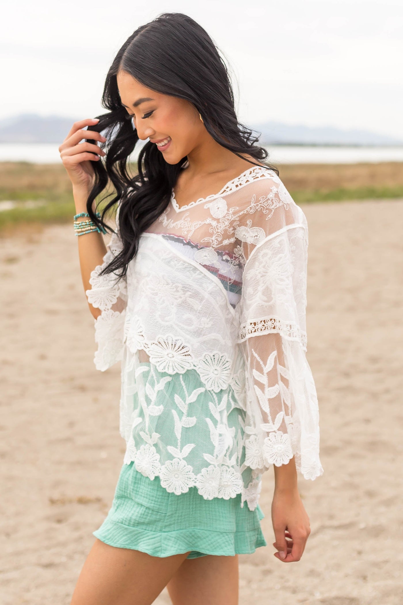 Ivory Crochet Lace and Sheer Mesh Blouse