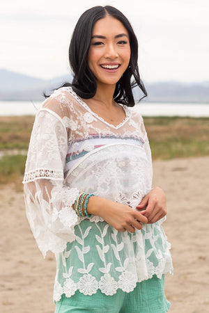 Ivory Crochet Lace and Sheer Mesh Blouse