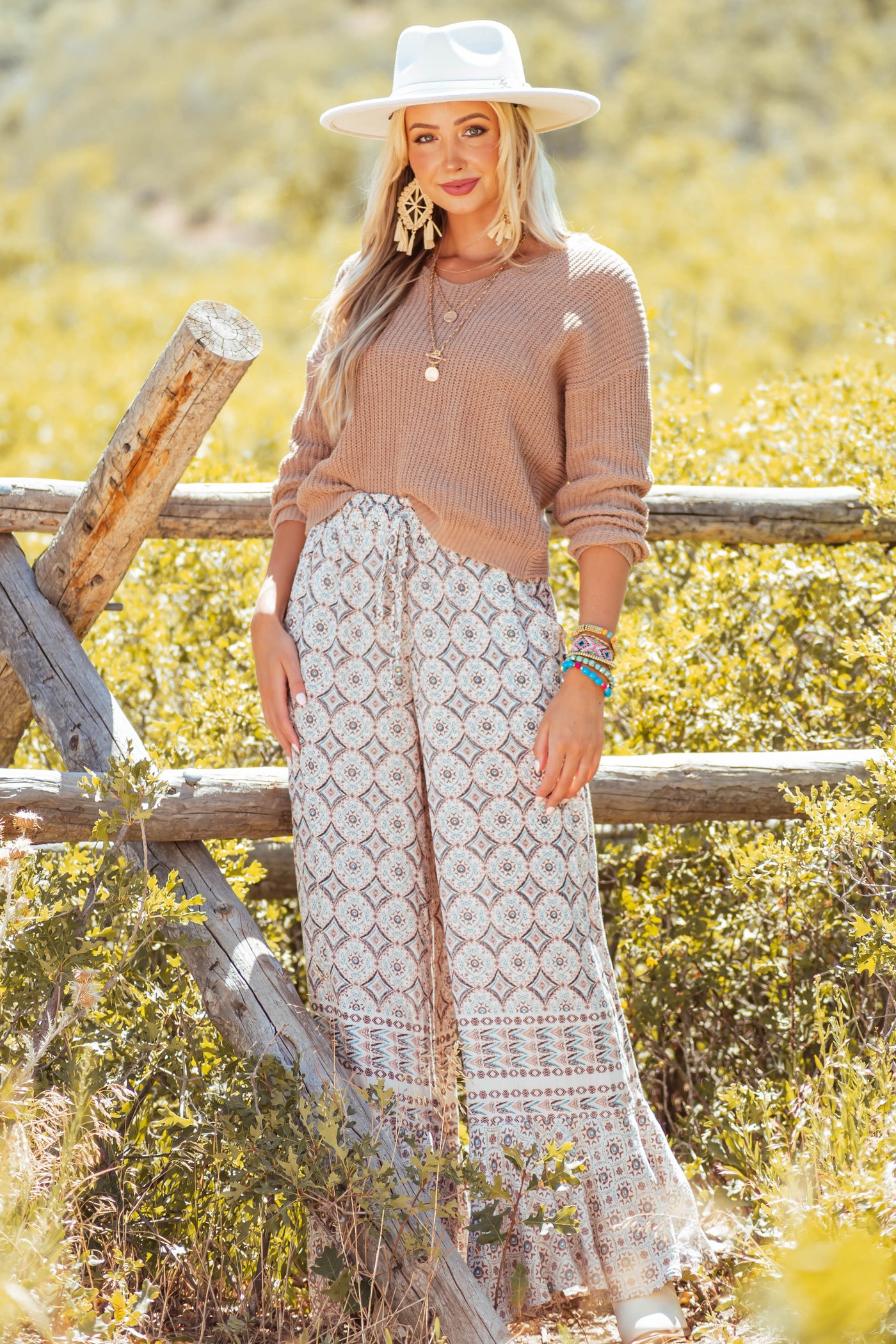 Ivory Diamond Printed Flare Bell Bottom Pants