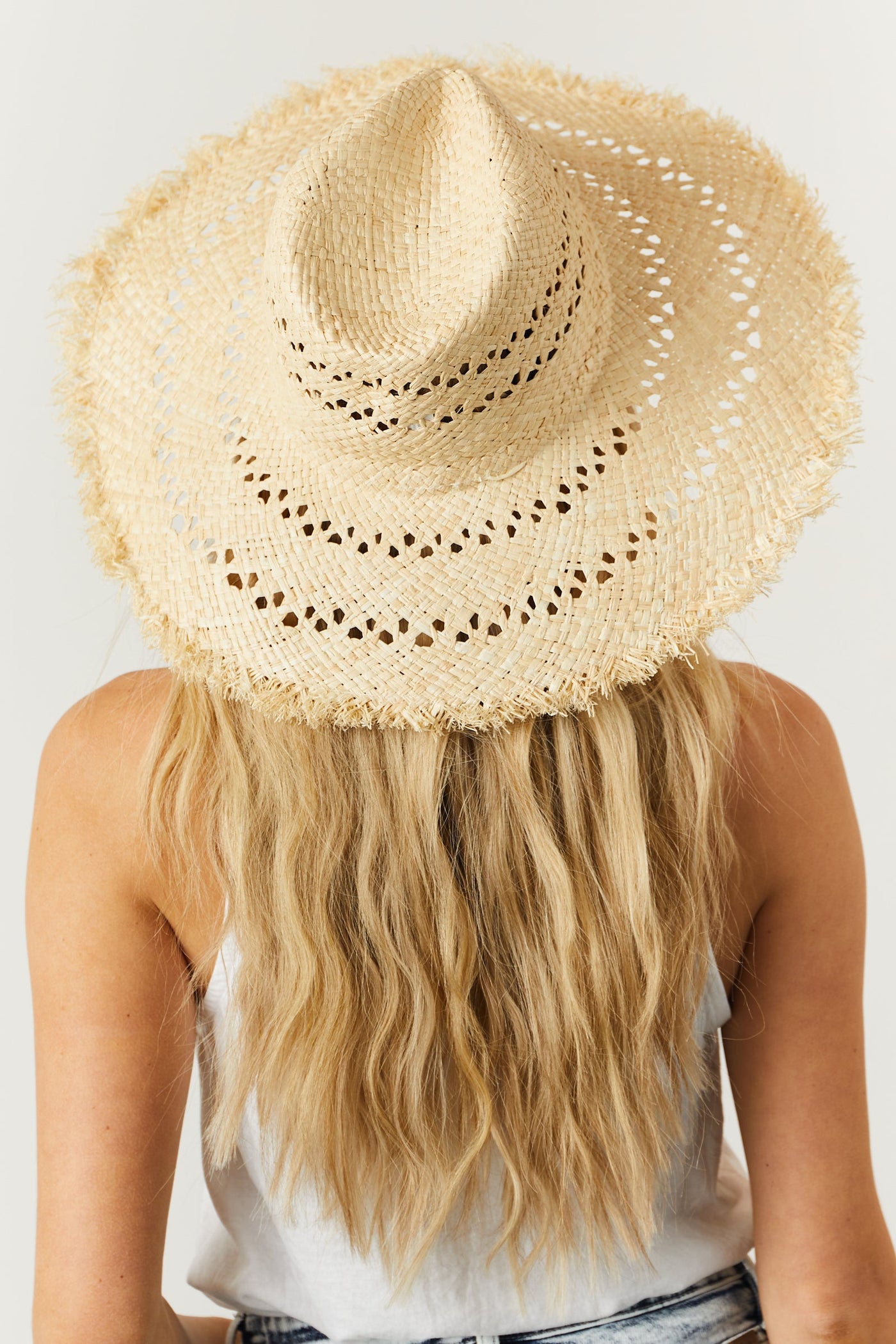 Ivory Eyelet Frayed Trim Woven Straw Hat