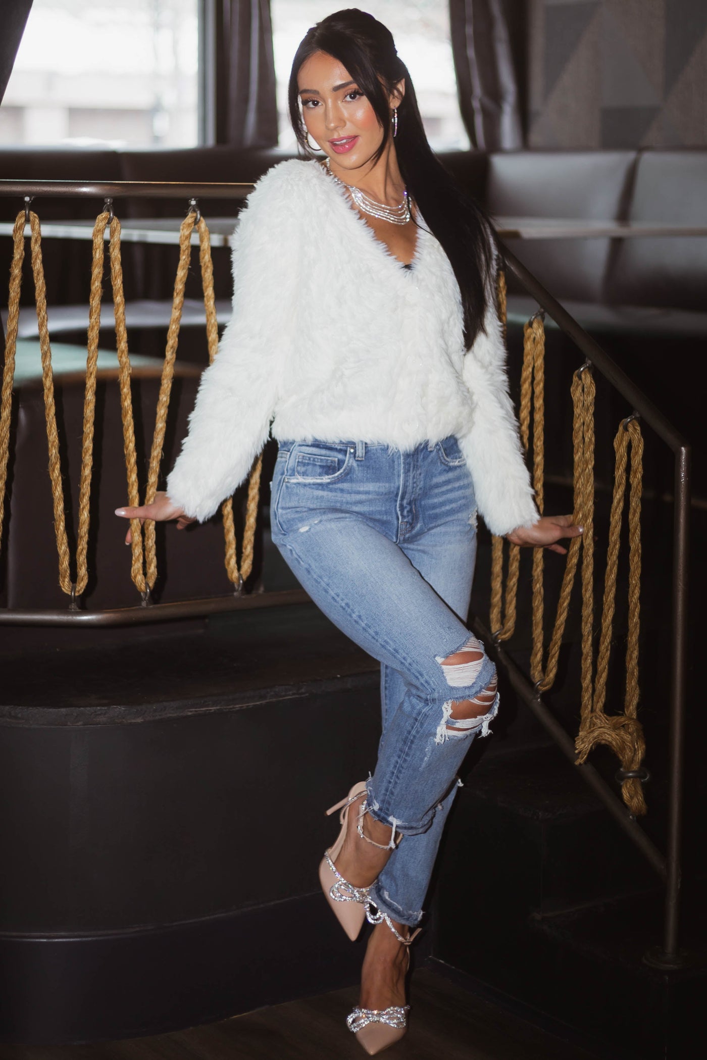 Ivory Faux Fur Button Up Cropped Cardigan