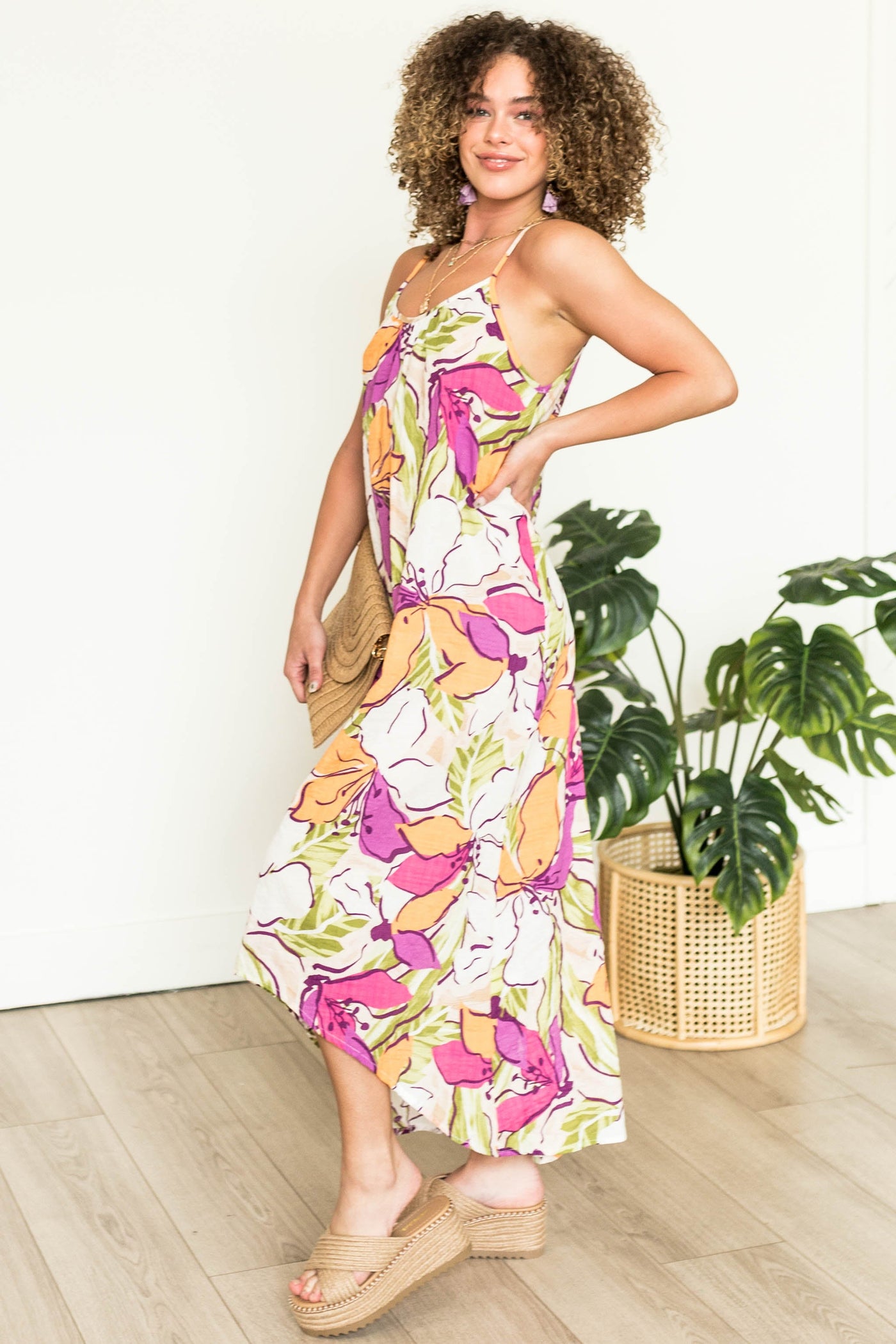 Ivory Floral Print High Low Sleeveless Dress