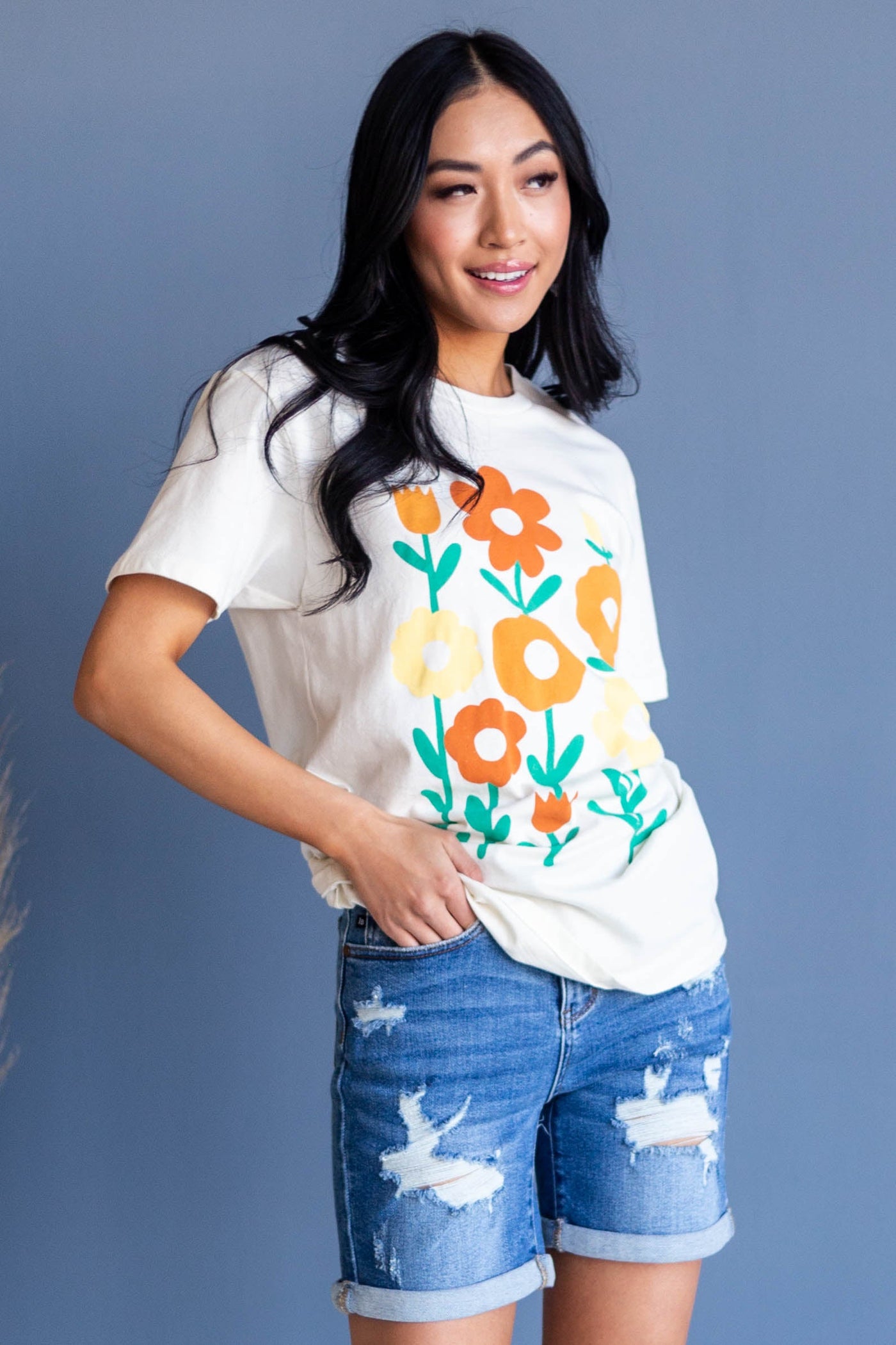 Ivory Flower Graphic Drop Shoulder Knit Tee