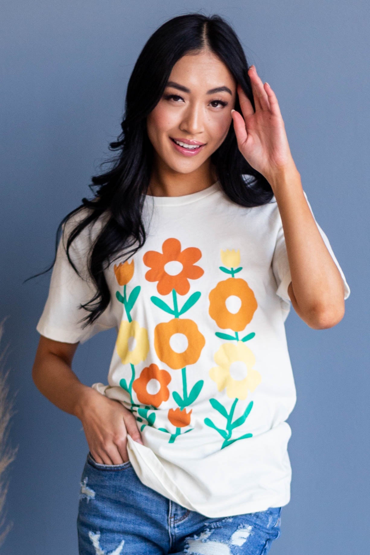 Ivory Flower Graphic Drop Shoulder Knit Tee