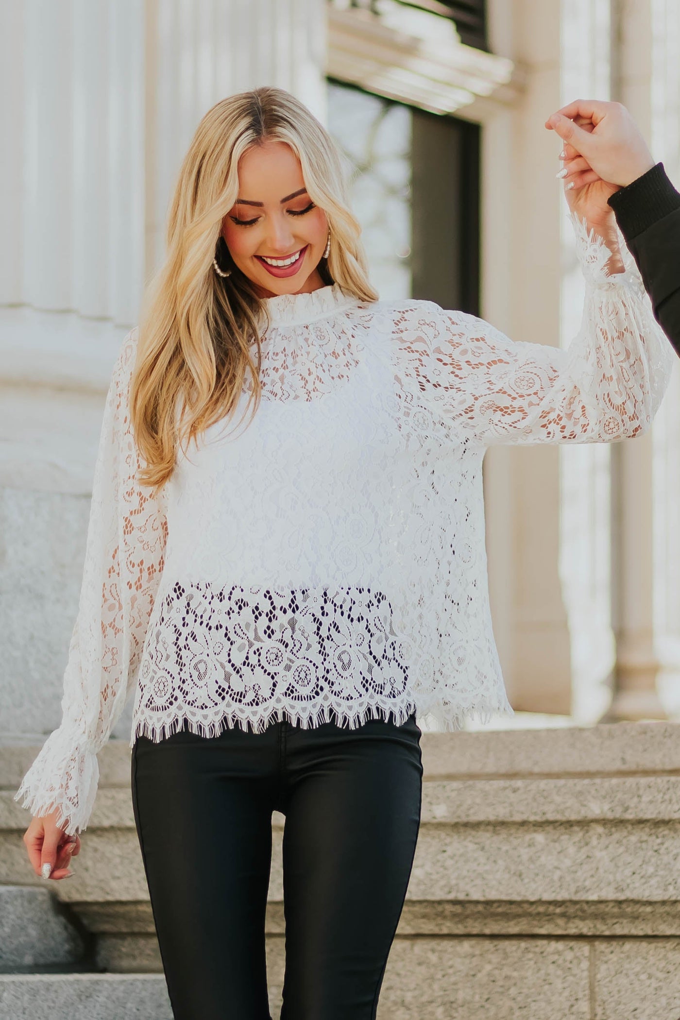 Ivory High Neck Eyelash Trim Lace Blouse