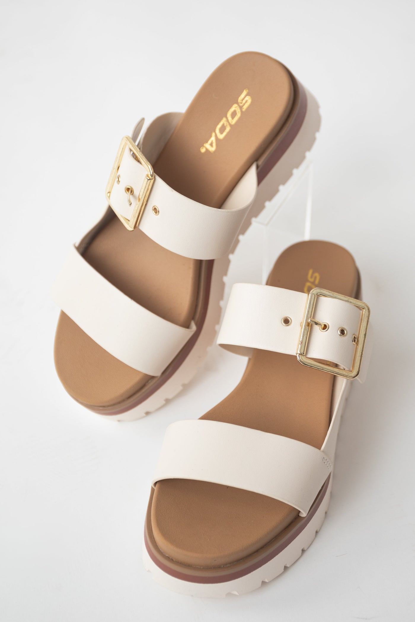 Ivory Platform Gold Buckle Strap Slip On Sandals