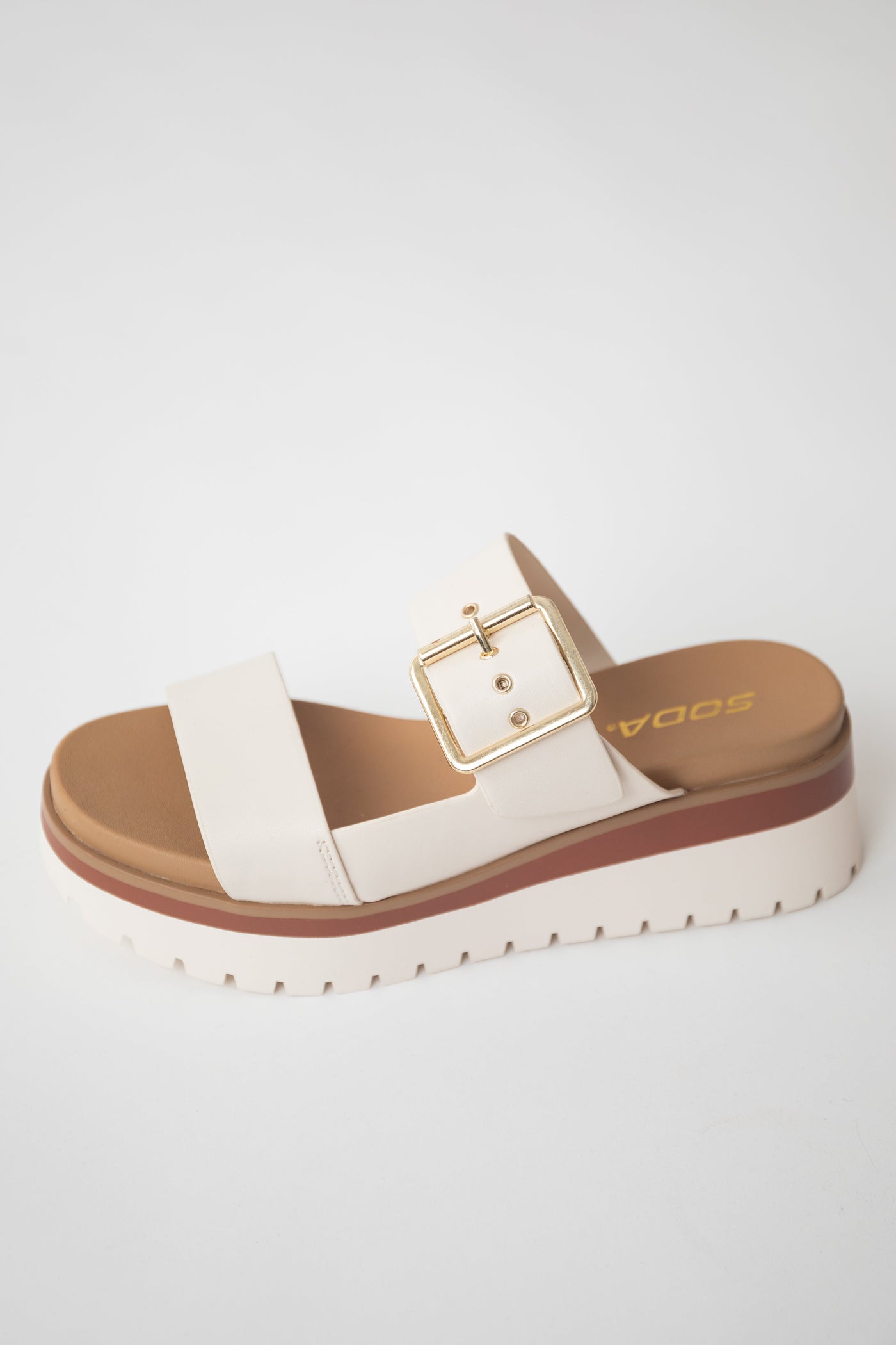 Ivory Platform Gold Buckle Strap Slip On Sandals