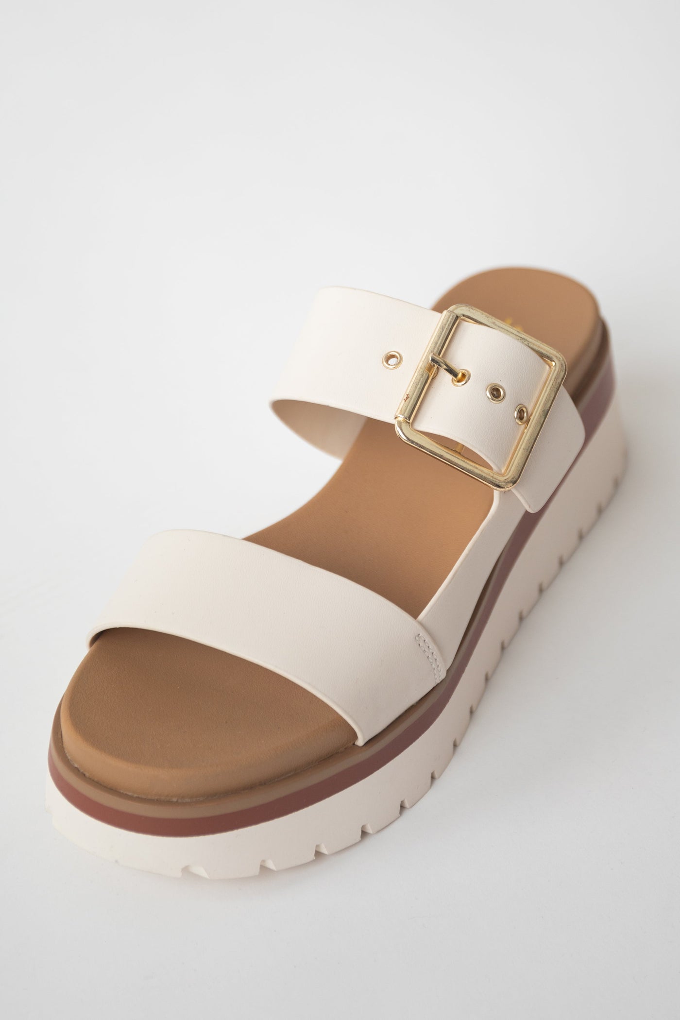 Ivory Platform Gold Buckle Strap Slip On Sandals