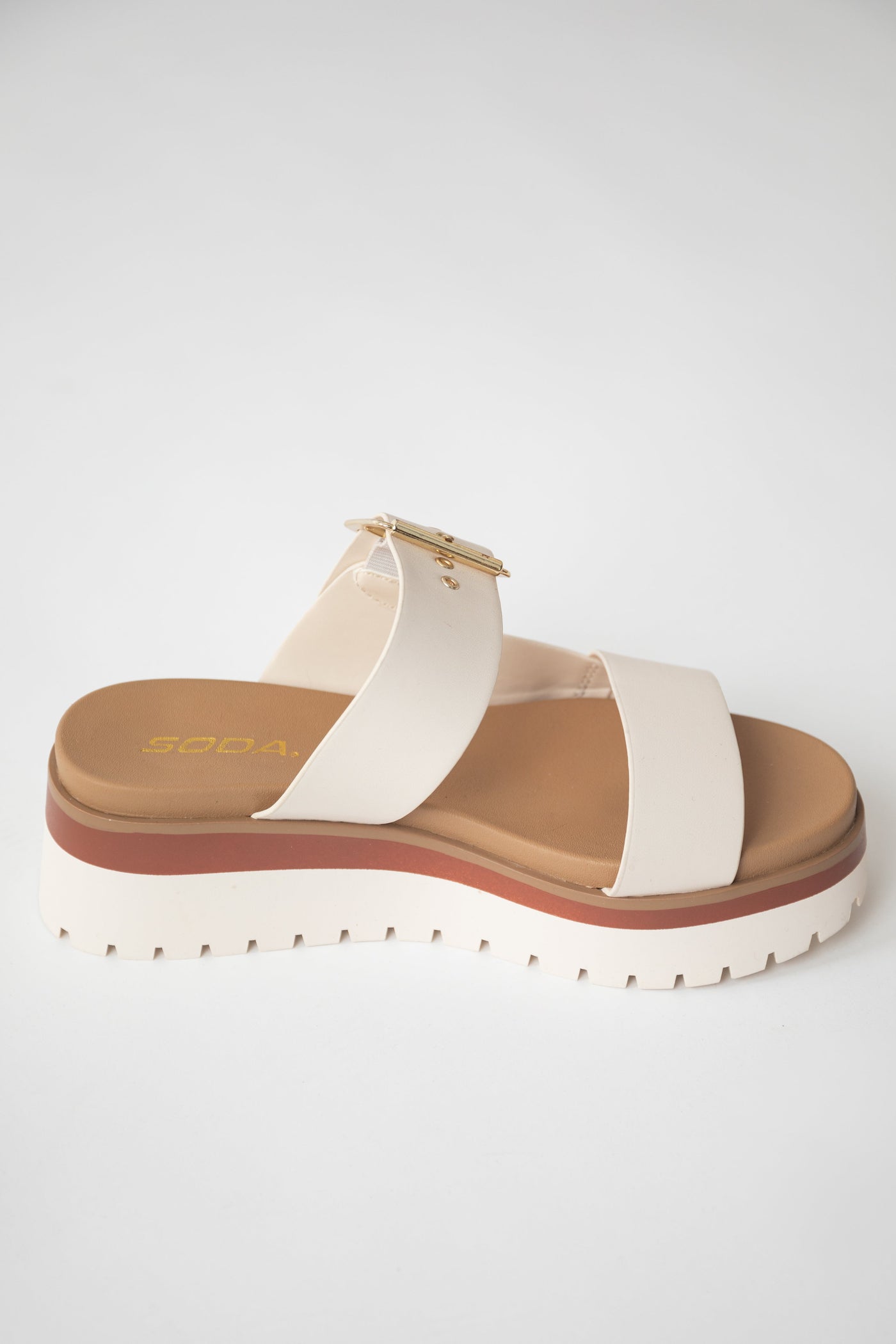 Ivory Platform Gold Buckle Strap Slip On Sandals