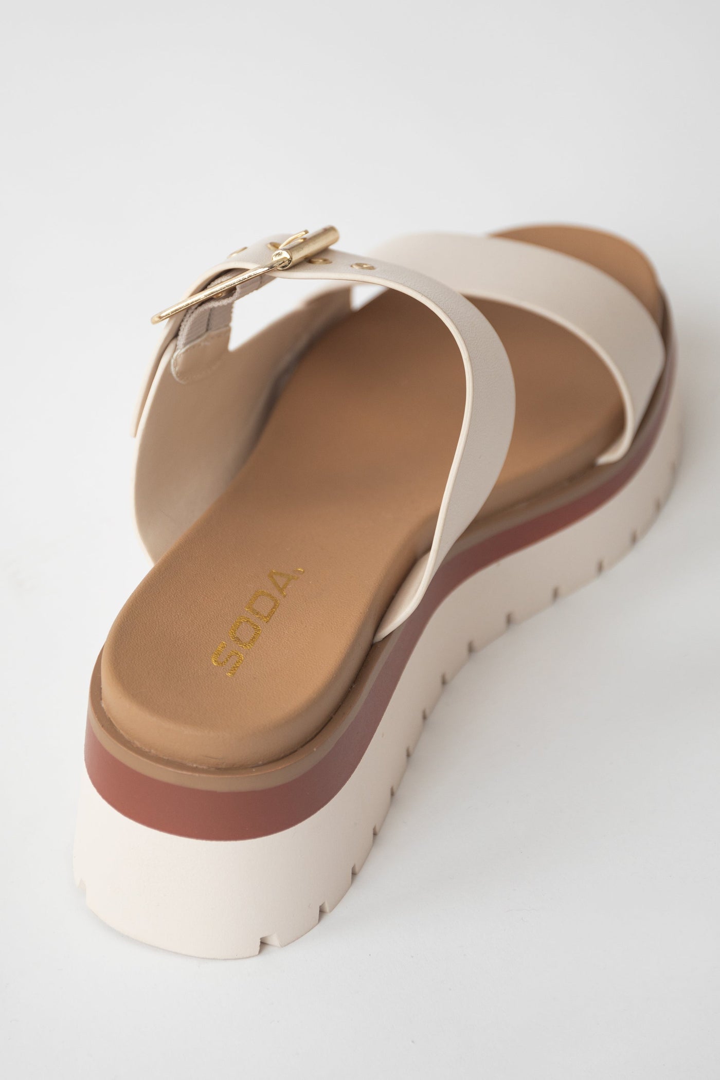Ivory Platform Gold Buckle Strap Slip On Sandals