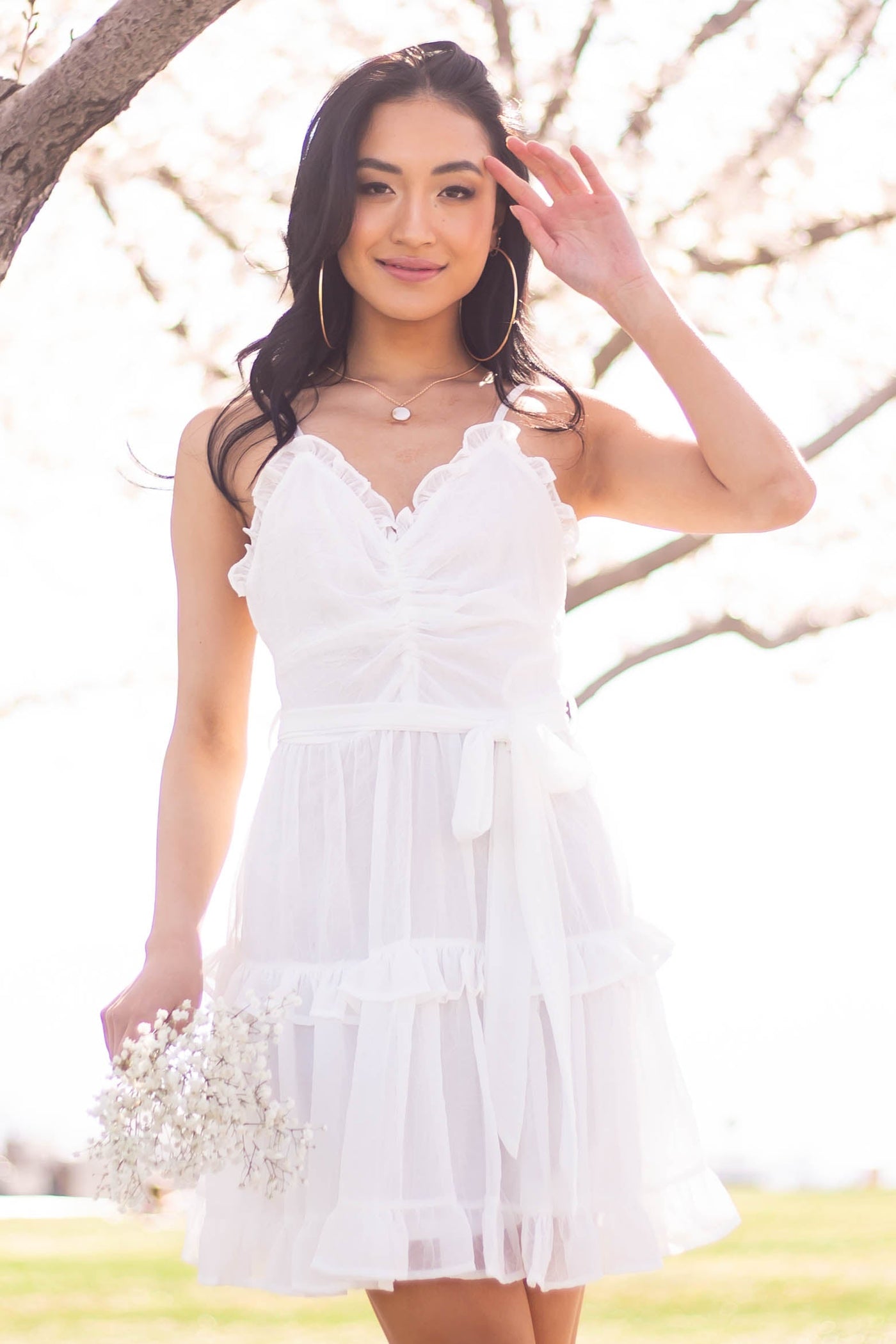 Ivory Sleeveless Waist Tie Ruffled Cami Dress