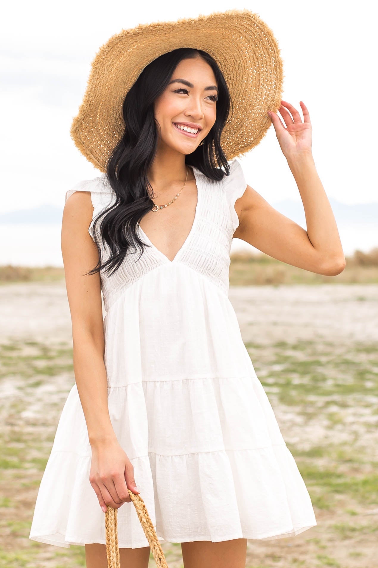 Ivory Smocked V Neck Babydoll Tiered Mini Dress