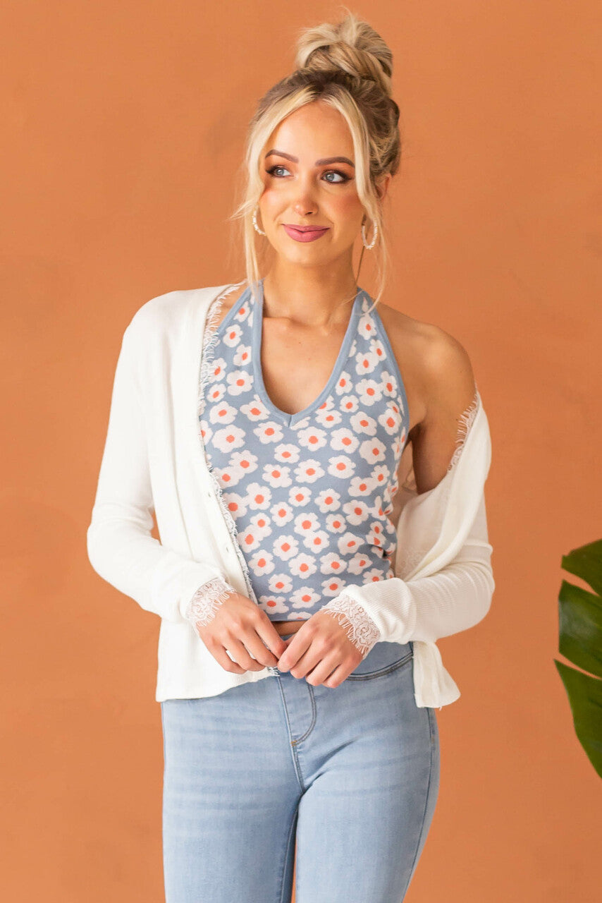 Ivory Eyelash Lace V Neck Ribbed Knit Cardigan