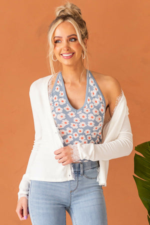 Ivory Eyelash Lace V Neck Ribbed Knit Cardigan