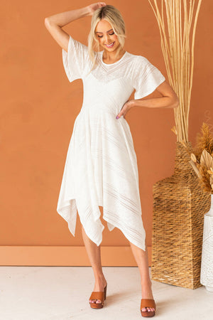 Ivory Handkerchief Hem Lace Knit Midi Dress 