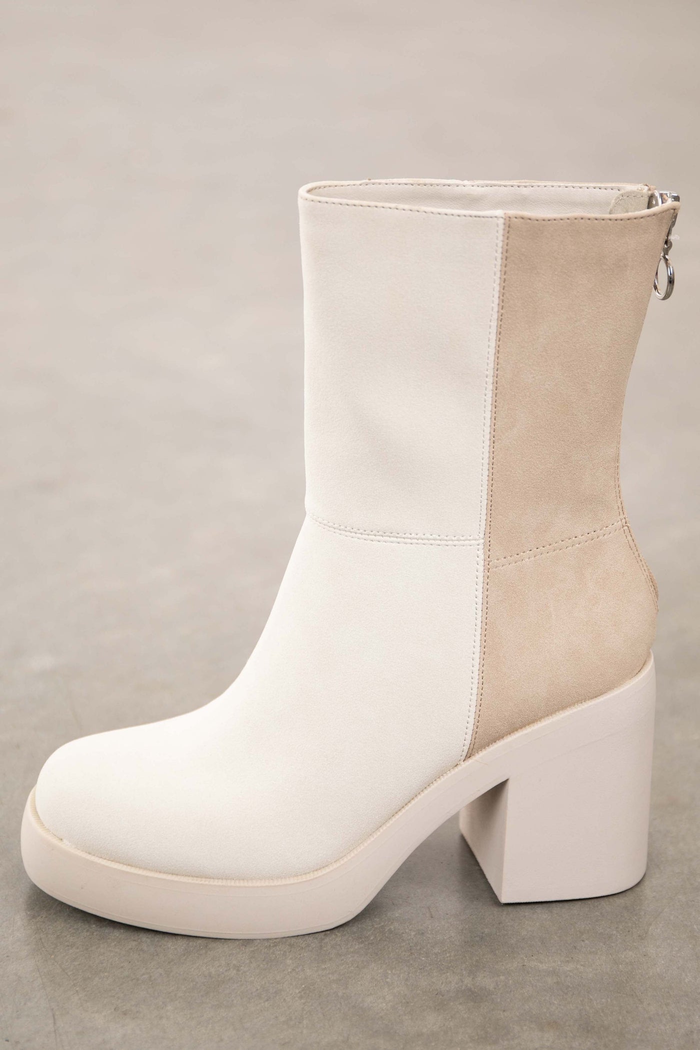 Ivory and Oatmeal Faux Nubuck Colorblock Boots