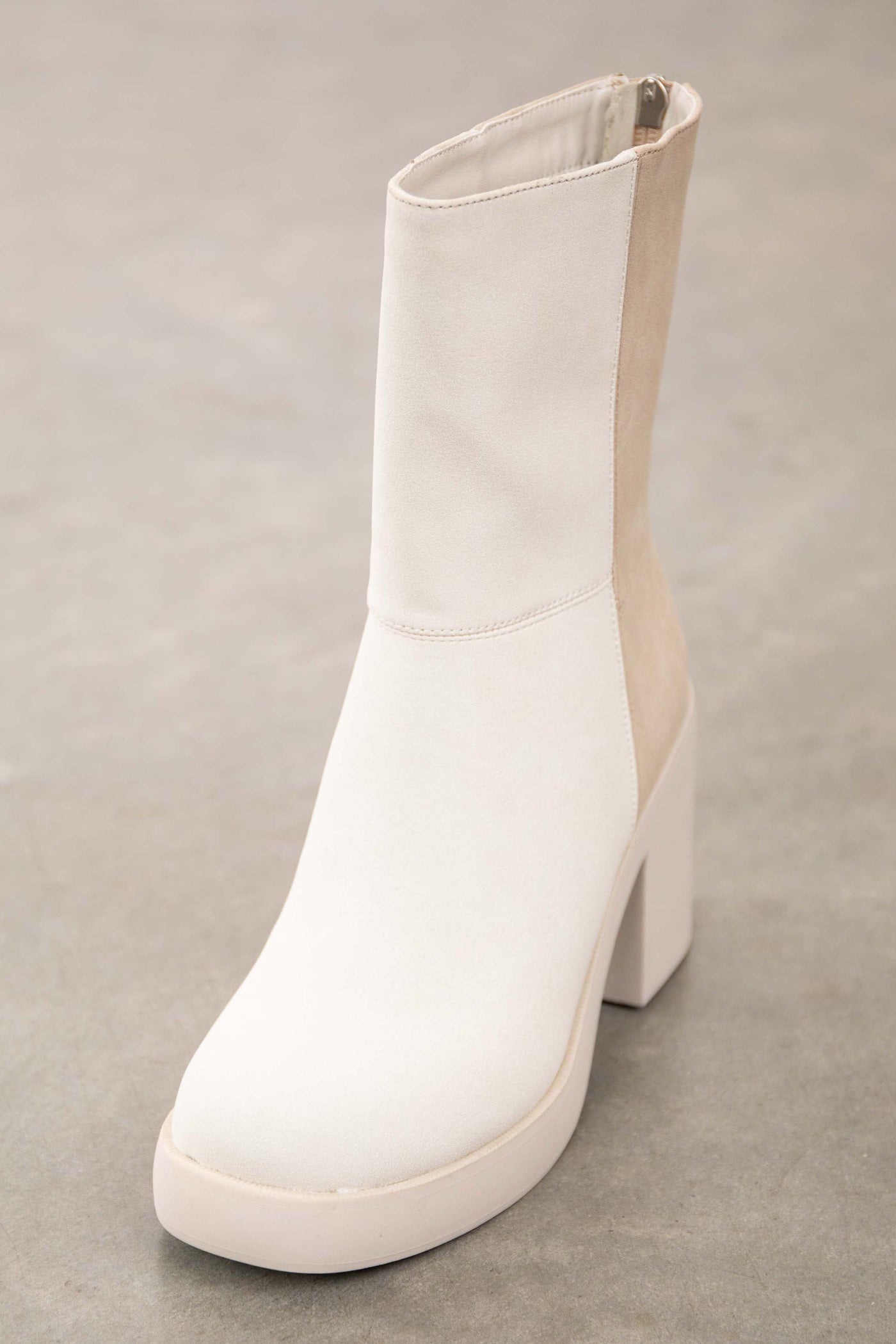 Ivory and Oatmeal Faux Nubuck Colorblock Boots