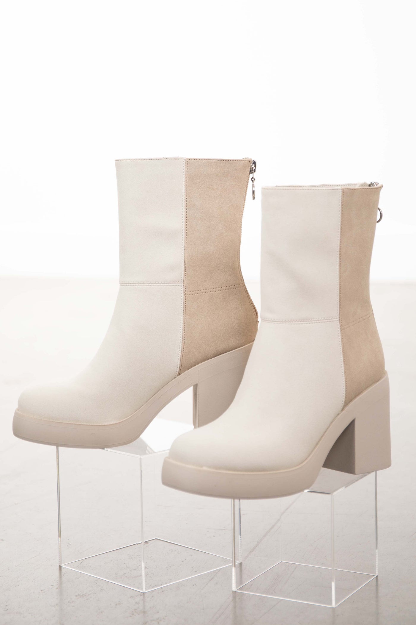 Ivory and Oatmeal Faux Nubuck Colorblock Boots