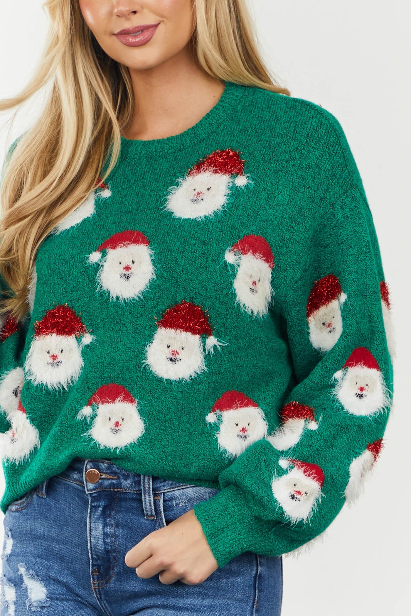 Jade Bubble Sleeve Sweater with Santa Pattern