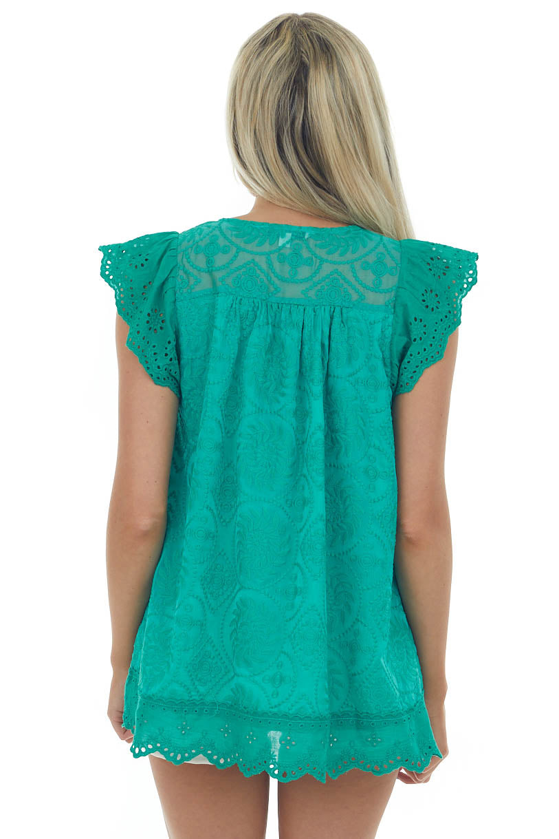 Jade Embroidered Eyelet Sleeve Tassel Blouse