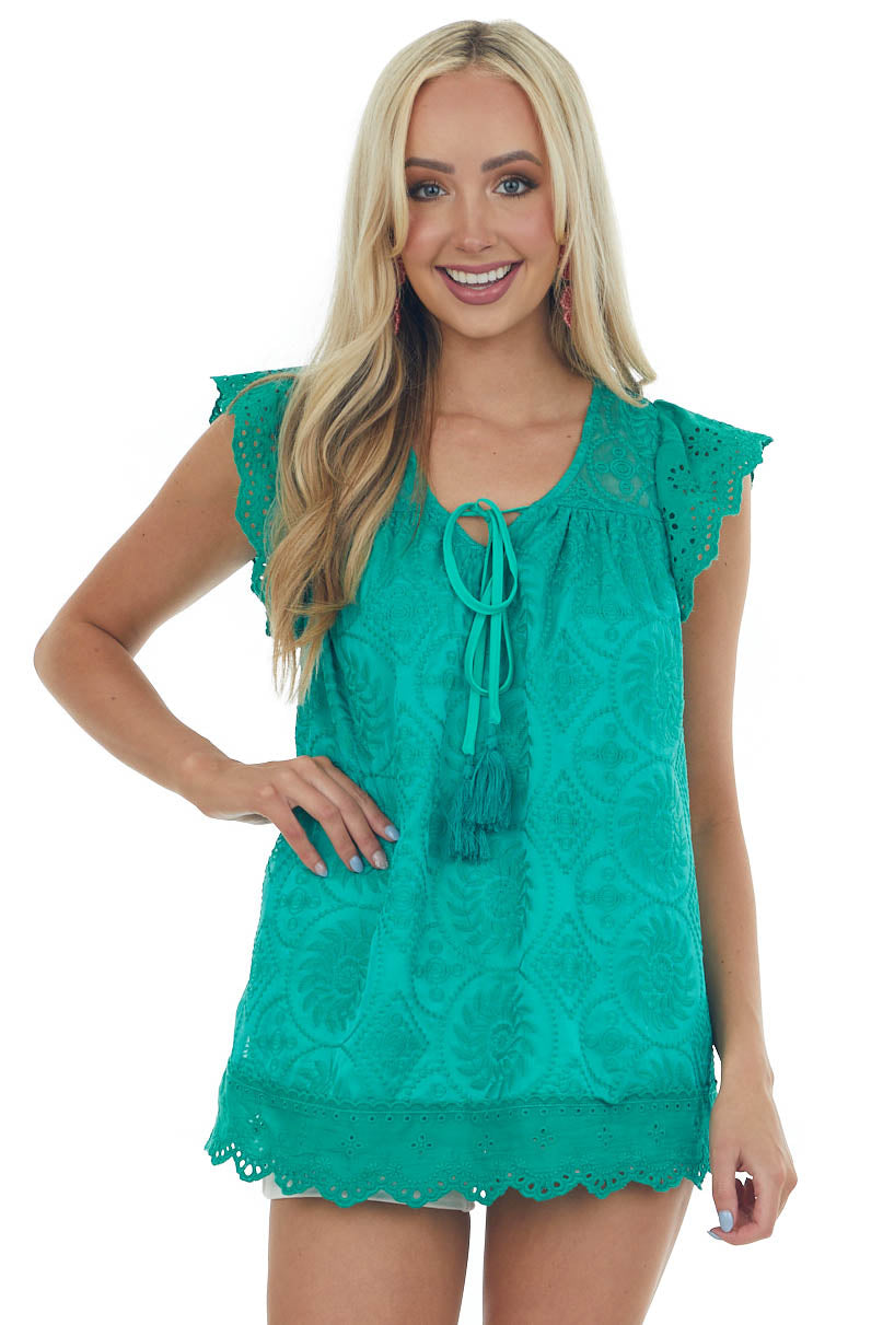 Jade Embroidered Eyelet Sleeve Tassel Blouse