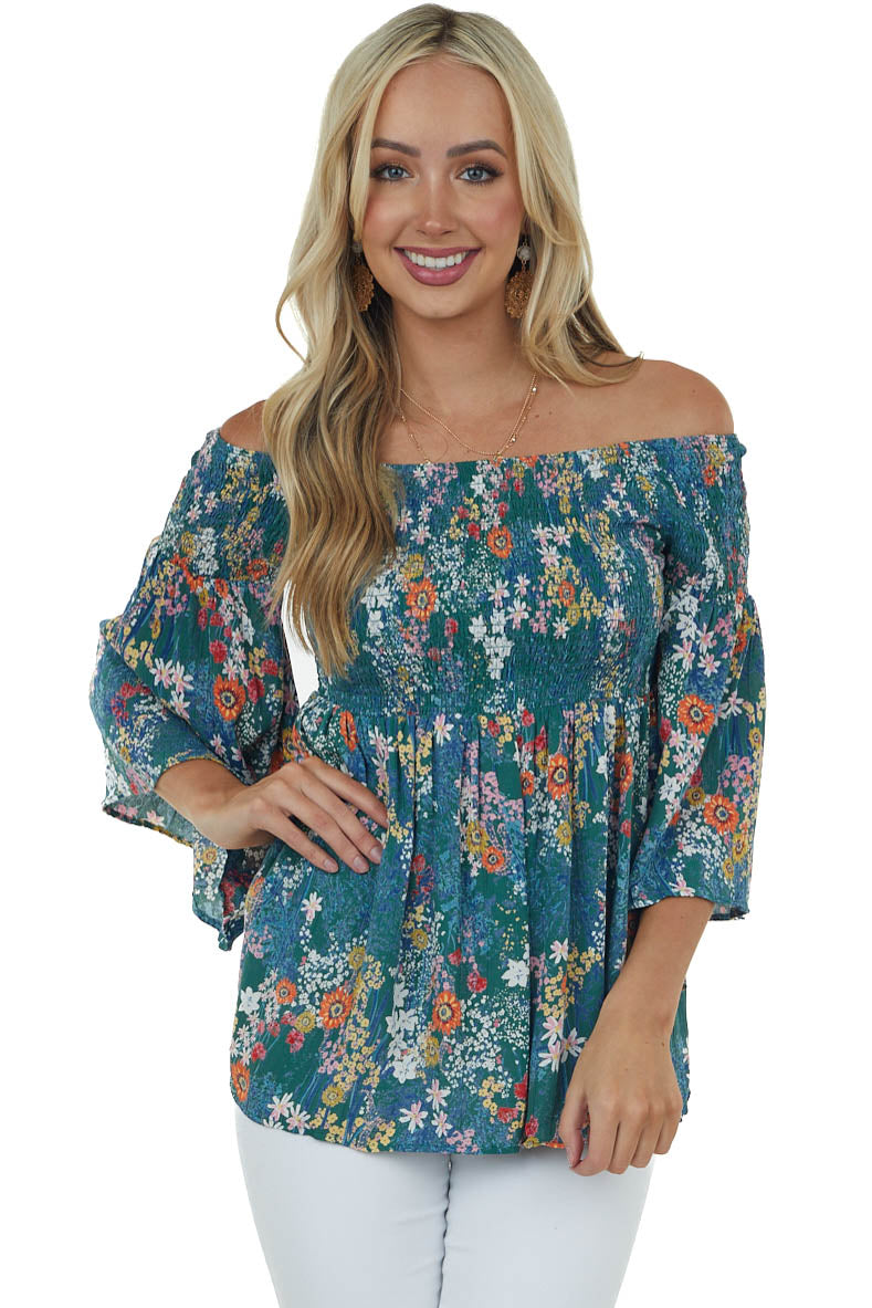 Jade Floral Off Shoulder Flare Sleeve Top