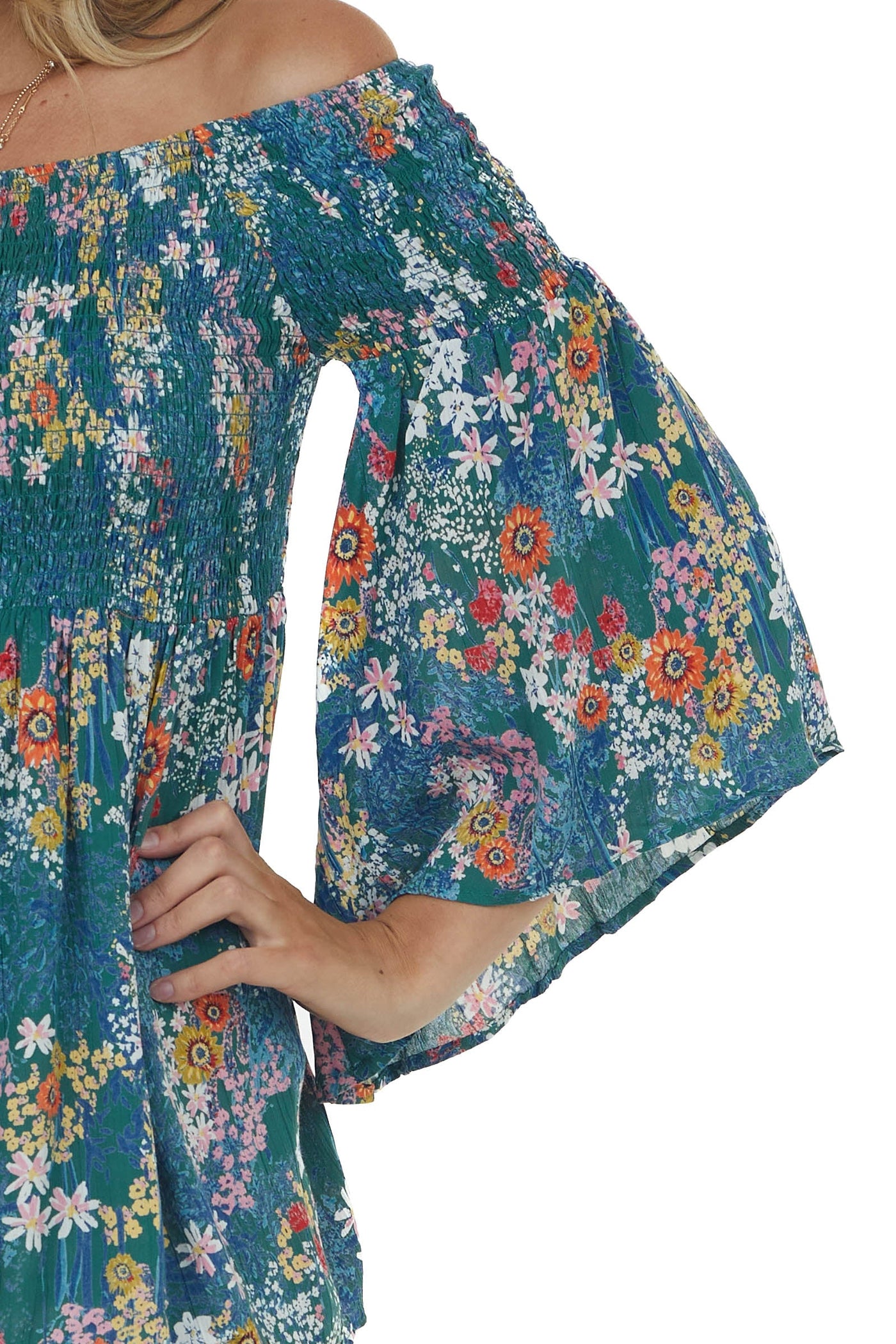 Jade Floral Off Shoulder Flare Sleeve Top