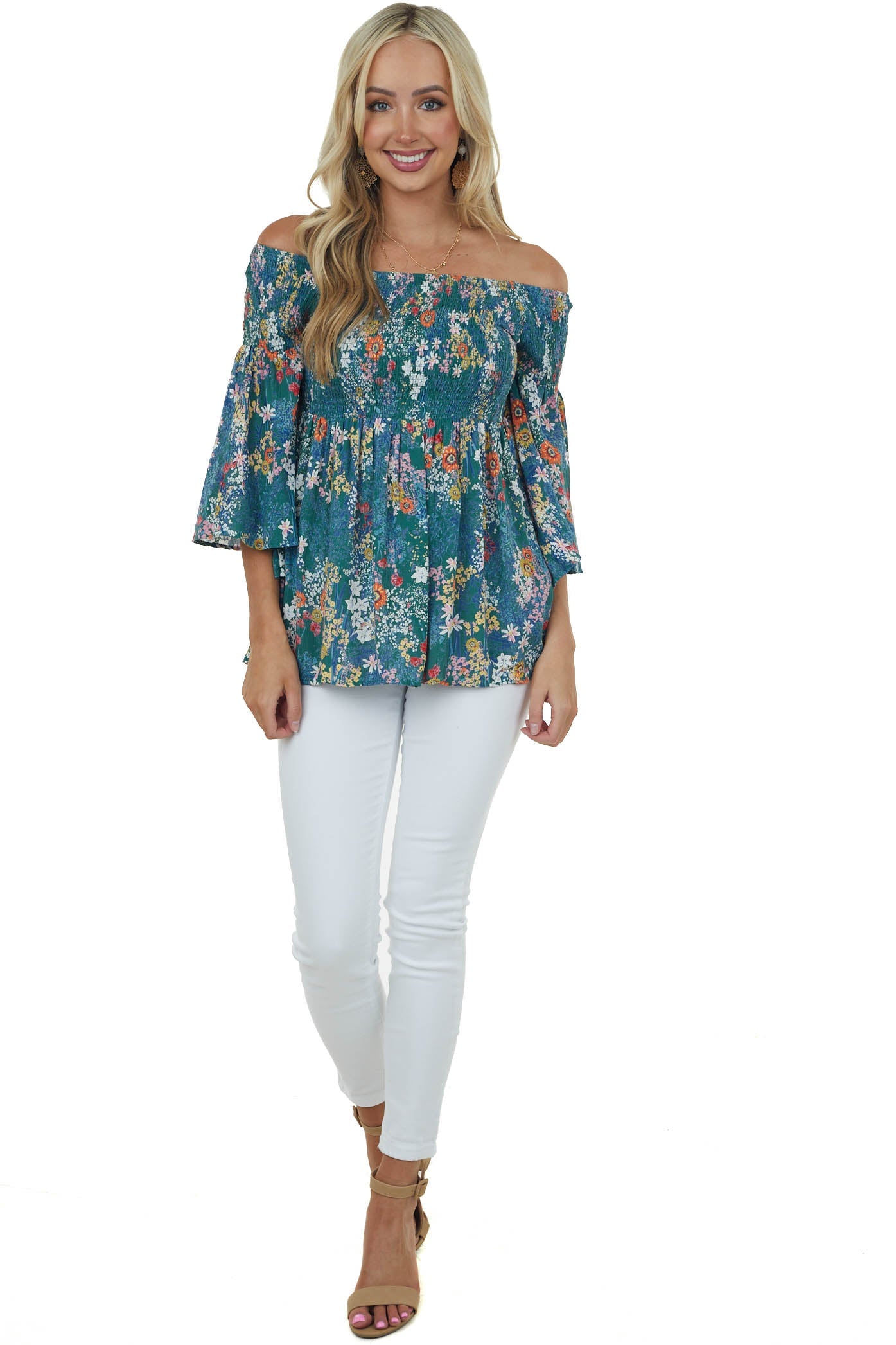 Jade Floral Off Shoulder Flare Sleeve Top