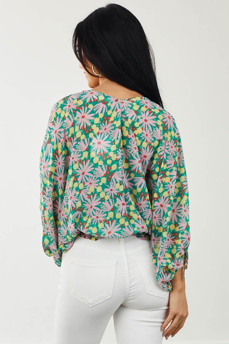 Jade Floral Print V Neckline Chiffon Blouse