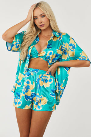 Jade Floral Satin Shirt and Shorts 3 Piece Set