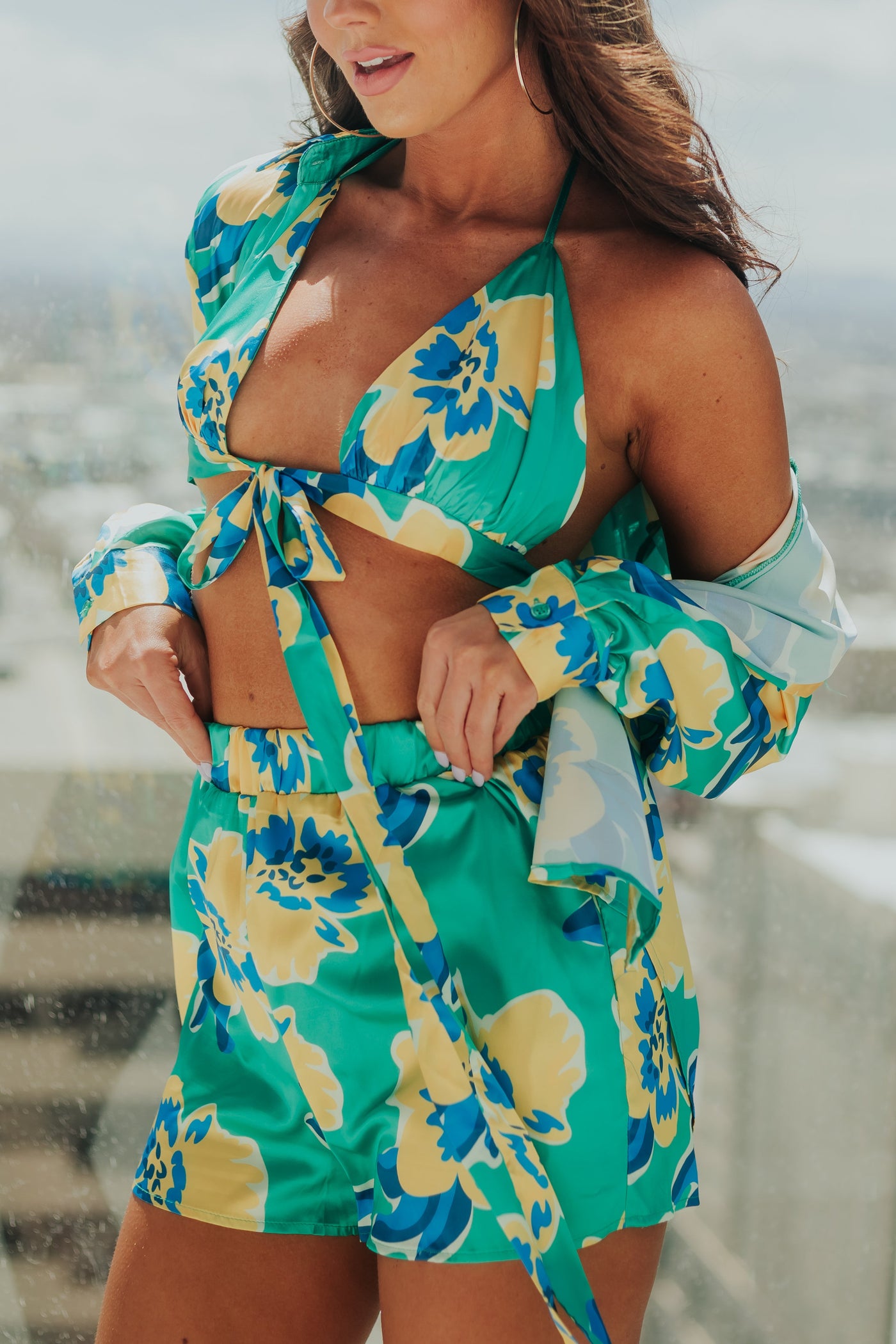 Jade Floral Shirt with Bra and Shorts Set