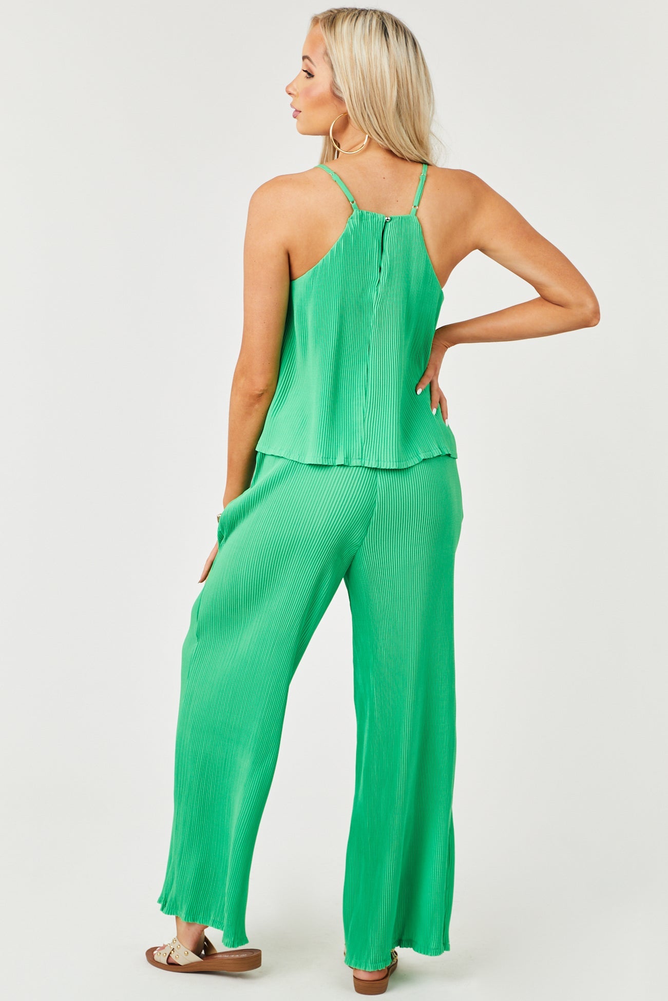 Jade Flowy Wide Leg and Tank Top Plisse Set