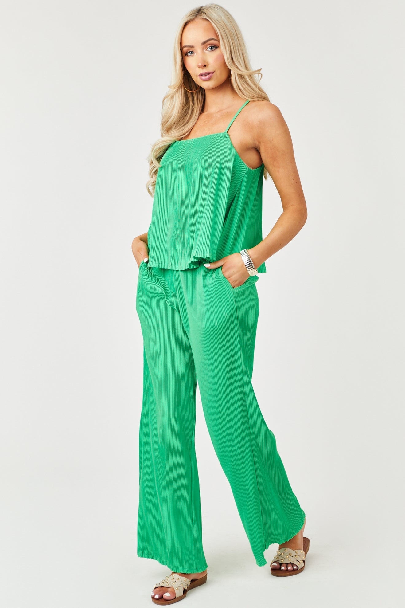 Jade Flowy Wide Leg and Tank Top Plisse Set