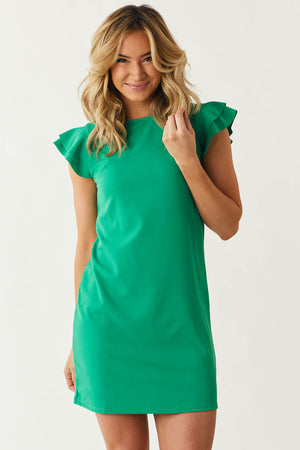 Jade Green Short Knit Dress with Layered Ruffle Cap Sleeves