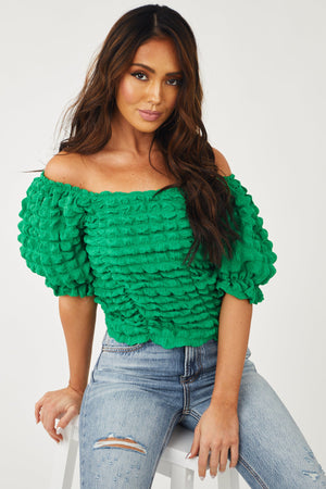 Jade Green Square Neck Puffy Textured Blouse